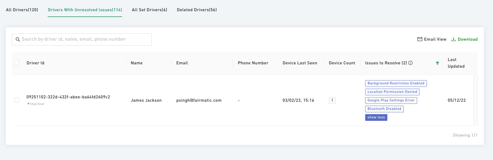 Fairmatic App Status page on the dashboard