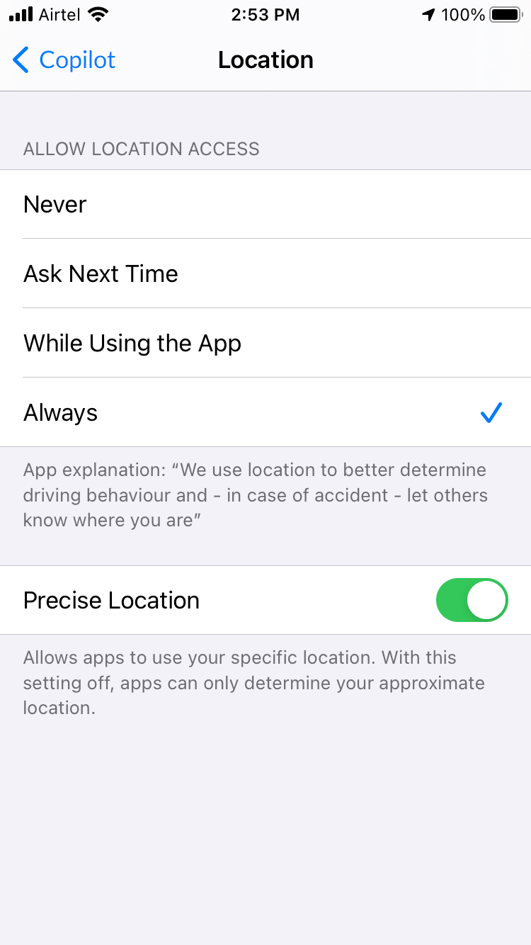 The user should toggle 'Precise Location' to on.