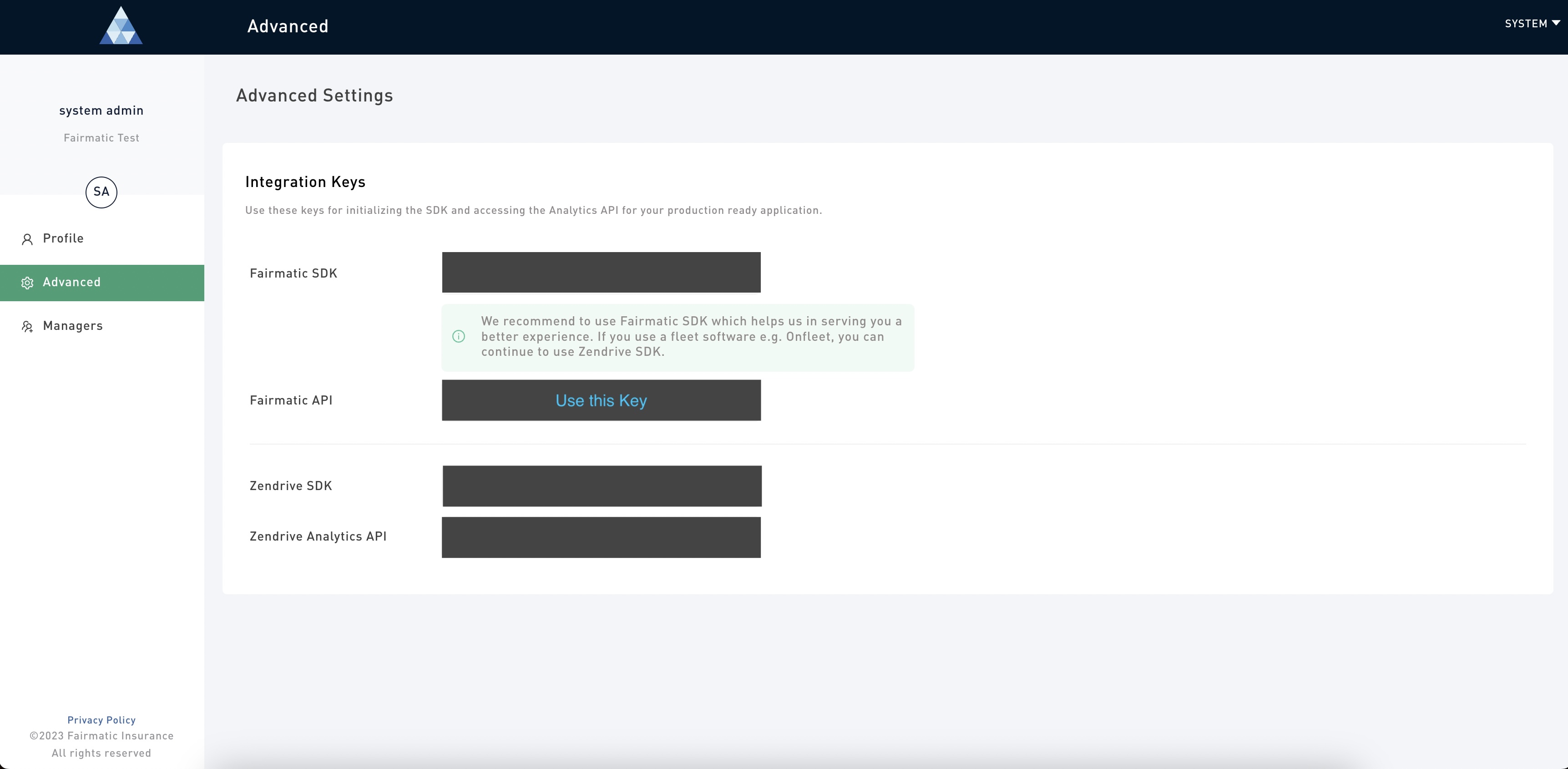 Settings page for the key